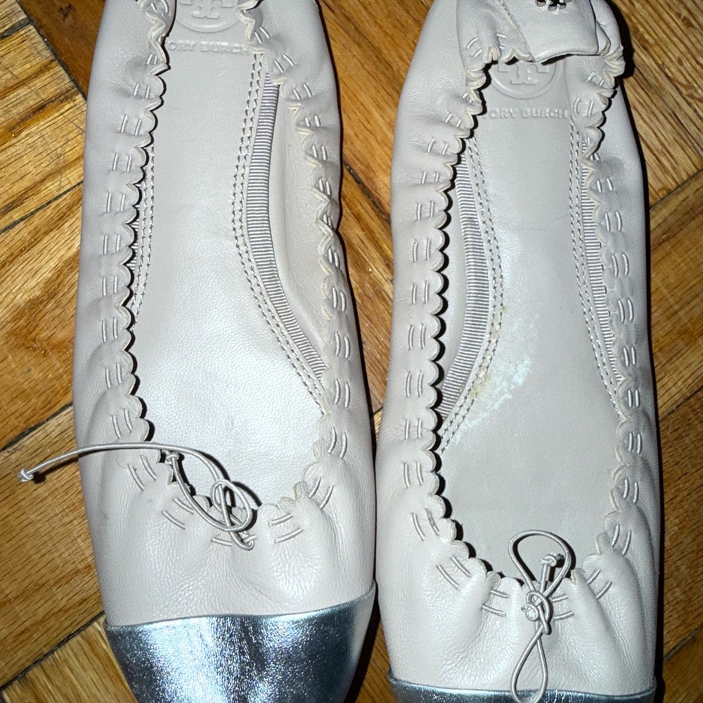 Tory Burch Cream and Silver Flats
